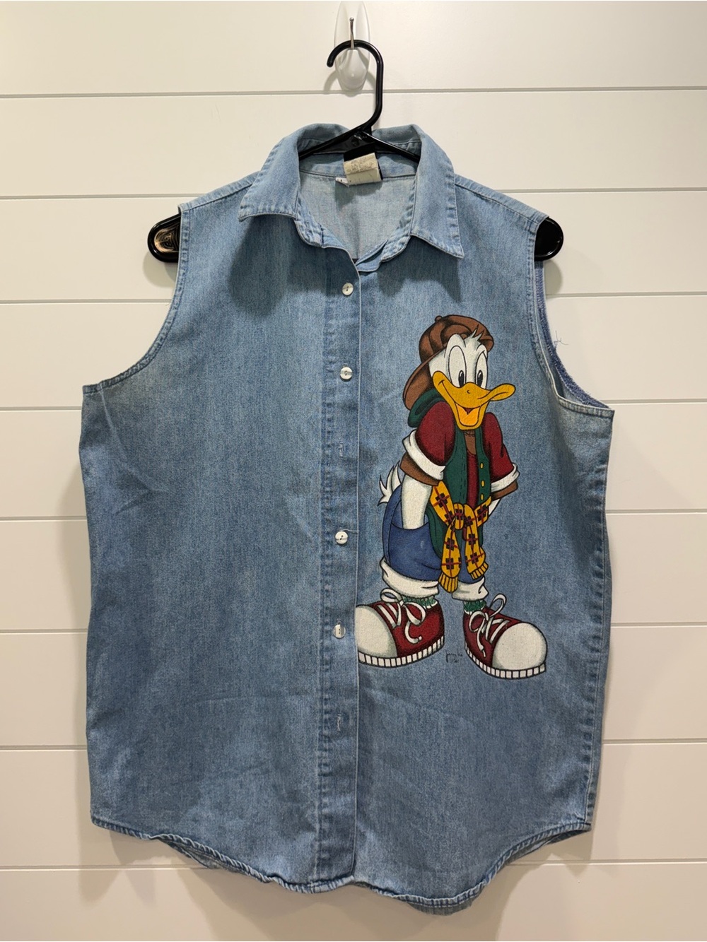 Vintage Disney Light Blue Denim Sleeveless Button-Up with Donald Duck Graphic